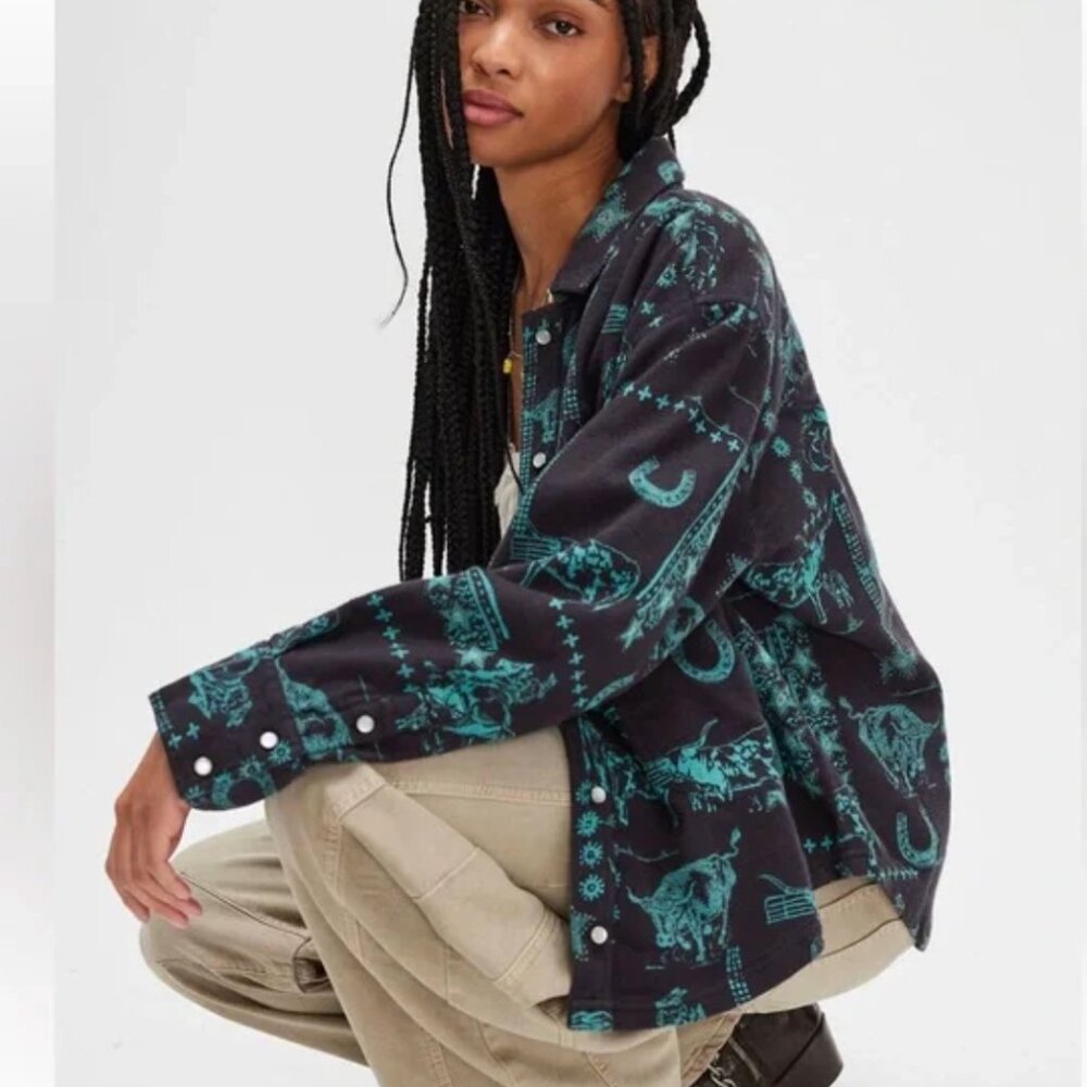 Free People "We the Free" Calico Western Print Flannel Shirt Charcoal Combo - Picture 6 of 9